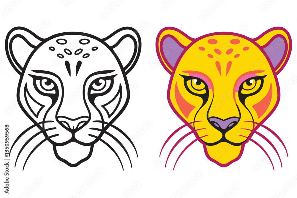 A Cute Cheetah Face Coloring Page Illustration with Black Outline and Vibrant Yellow Design A Cute Cheetah Face Coloring Page Illustration with Black Outline and Vibrant Yellow Design