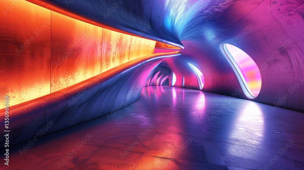 Obraz premium Futuristic neon tunnel interior, vibrant colors, smooth curves, architectural design