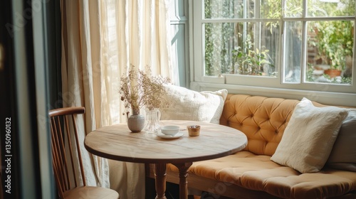 Cozy sunlit nook, cafe, tea, window, relaxation
