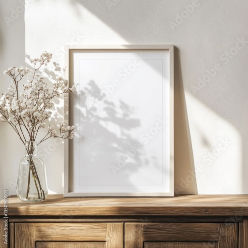 Blank frame mockup on wooden surface with dried flowers and sunlight.