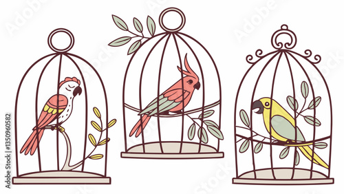 Decorative birds in cages. Domestic exotic bird cages, parrot, finch, budgie, canary and cute cockatoo flat vector illustration set. Cartoon birds sitting in cages
