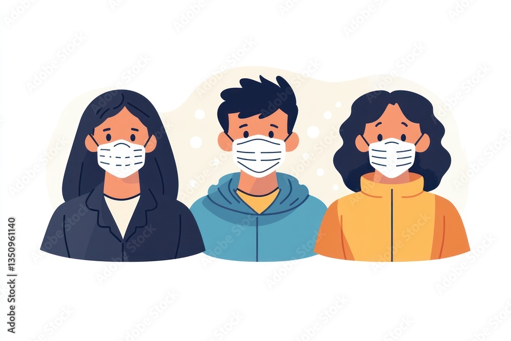 A flat design illustration of people wearing masks, protecting against pneumonia, with informative text on the side. A flat design illustration of people wearing masks, protecting against pneumonia, with informative text on the side.