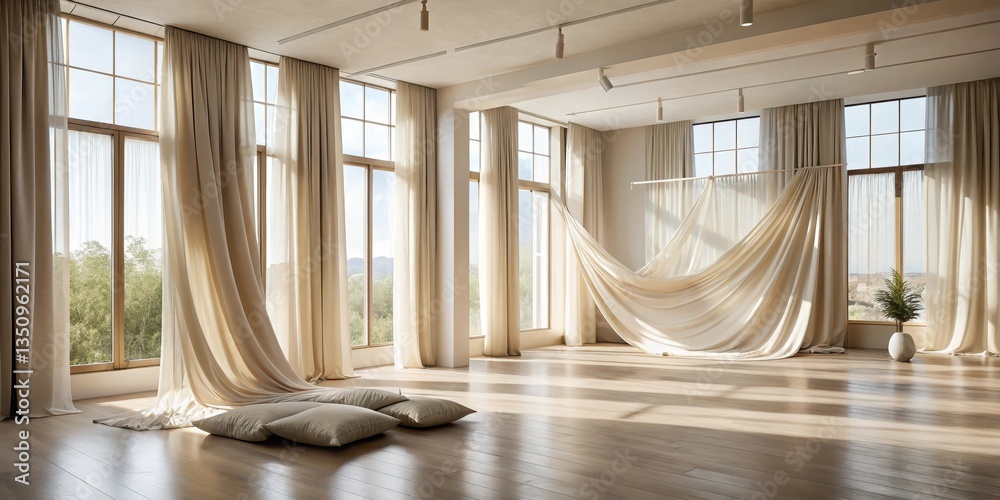 Serene Studio Space with Draped Fabrics and Abundant Natural Light Illuminating Hardwood Floors Serene Studio Space with Draped Fabrics and Abundant Natural Light Illuminating Hardwood Floors