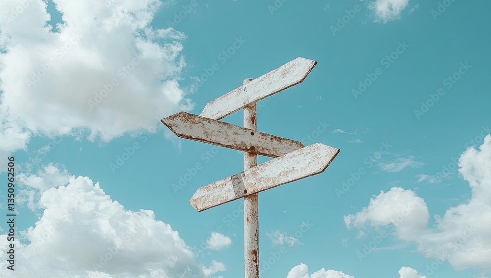 A weathered wooden signpost with multiple directions under a vibrant sky A weathered wooden signpost with multiple directions under a vibrant sky
