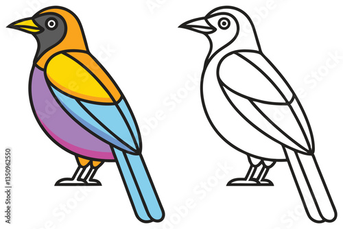 A Colorful Bird Illustration with a Line Art Version A vibrant avian creature depicted in a stylized manner featuring a multicolored plumage and a simplified outline drawing