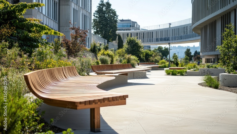 Outdoor seating area with curved wooden benches in a modern campus setting Outdoor seating area with curved wooden benches in a modern campus setting