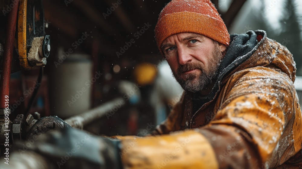 A rugged man in a yellow jacket and orange beanie works on machinery outdoors in snowy weather. A rugged man in a yellow jacket and orange beanie works on machinery outdoors in snowy weather.