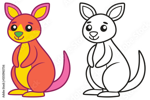 Adorable Cartoon Kangaroo Illustration Coloring Page for Kids Featuring a Cute Marsupial