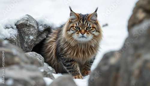 Majestic Siberian Cat in Snowy Rocks Winter Photography