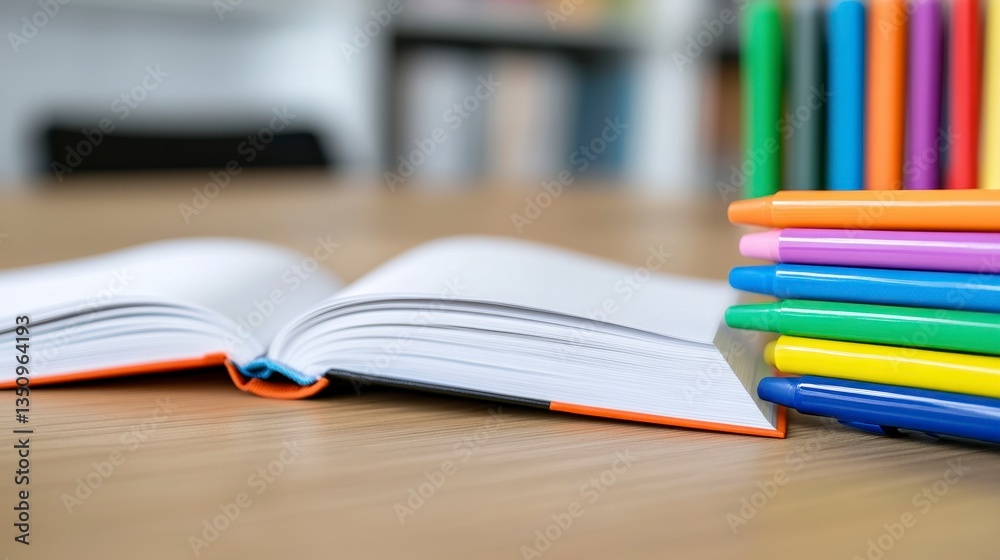 Open Book with Colorful Pens on Wooden Table for Study and Creativity Open Book with Colorful Pens on Wooden Table for Study and Creativity