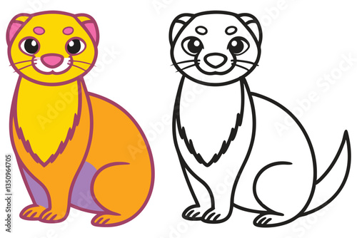 Adorable Ferret Coloring Page Illustration Featuring a Cute Cartoon Ferret in Two Versions One Orange and One Black and White