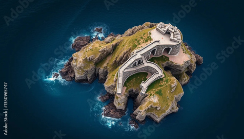 Aerial View of Island Fortress Dramatic Ocean Landscape