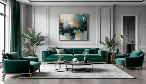Emerald Green Velvet Sofa Living Room with Abstract Art