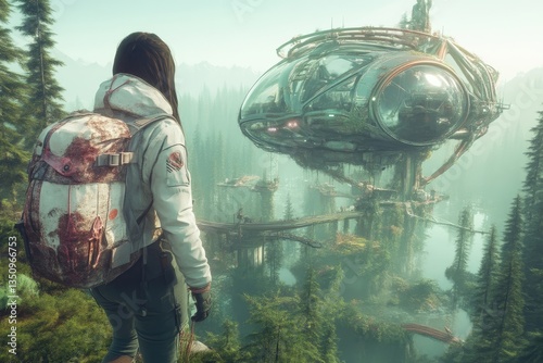 A futuristic explorer gazes at a hovering city amidst a serene forest