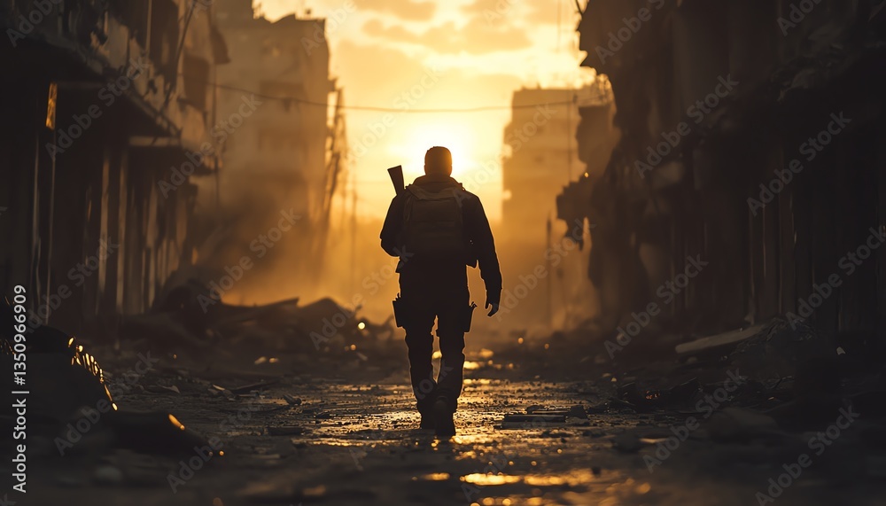 Fototapeta premium Silhouette of a soldier walking through a war-torn city at sunset. Desolation, conflict, and hope are depicted.