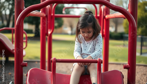 Little Girl Playing on Red Playground Equipment