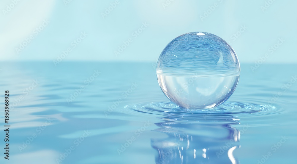Crystal ball floats on calm water, sky background; purity, serenity concept Crystal ball floats on calm water, sky background; purity, serenity concept