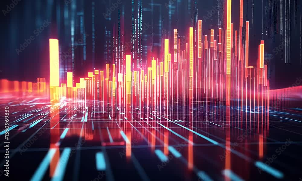 Futuristic city data visualization. Abstract digital cityscape with glowing lines and bars representing information flow Futuristic city data visualization. Abstract digital cityscape with glowing lines and bars representing information flow