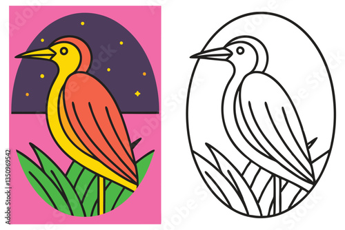 A Vibrant Bird in a Nighttime Scene with a Coloring Page Version