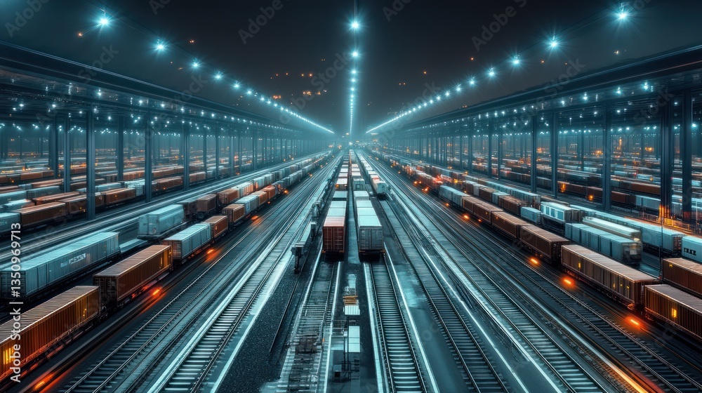 Fototapeta premium Night Train Station: A Symphony of Steel and Lights