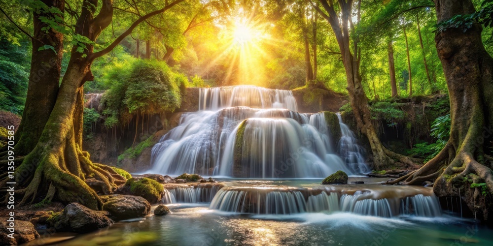 waterfall cascade in dense foliage with sunlight filtering through trees, natural beauty, tree roots, natural beauty