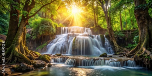 Obraz na płótnie waterfall cascade in dense foliage with sunlight filtering through trees, natural beauty, tree roots, natural beauty w salonie