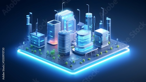 A futuristic city glowing with innovation and technological advancement, nestled on a digital platform, illuminated by vibrant blue neon light.
