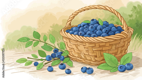 Blueberry in wicker basket in natural background Illustration vector design, Blueberry vector design