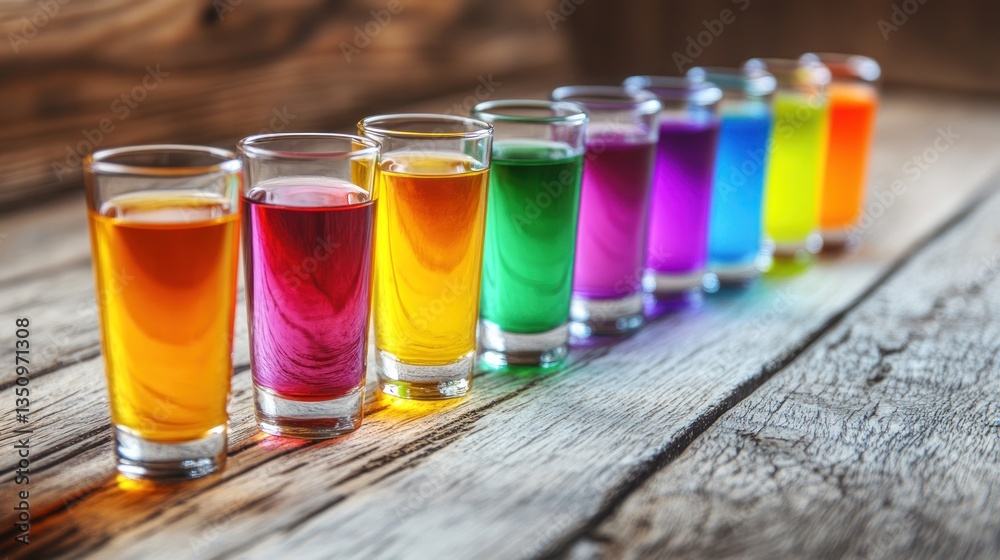 Rainbow Shots on Rustic Wooden Table Rainbow Shots on Rustic Wooden Table
