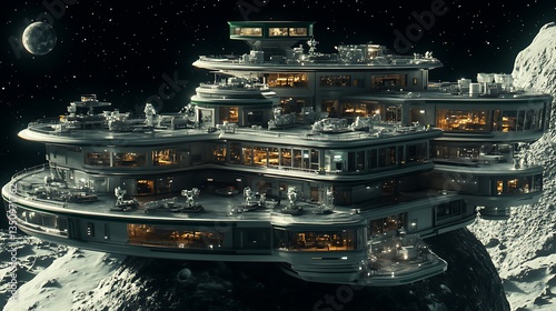 Fototapeta Naklejka Na Ścianę i Meble -  An orbital space station constructed on the surface of a moon