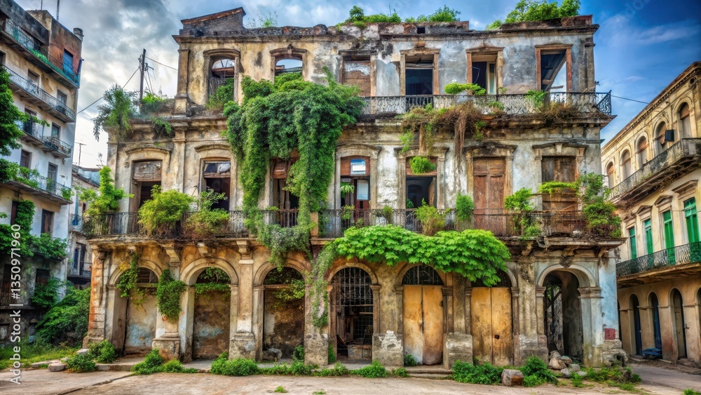 Fototapeta premium Dilapidated colonial building in Havana's Old Town with crumbling stonework and overgrown vegetation, dilapidation, frayed edges