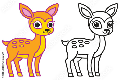 Adorable Cartoon Deer Illustration Coloring Page for Kids Featuring a Cute Orange Fawn and a Black and White Outline Version