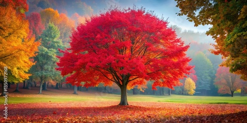 A crimson maple tree stands alone in a park amidst the vibrant hues of autumn leaves changing colors slowly