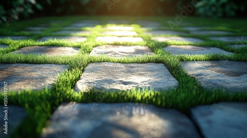 Sunlit garden path with grass-filled paving stones photo