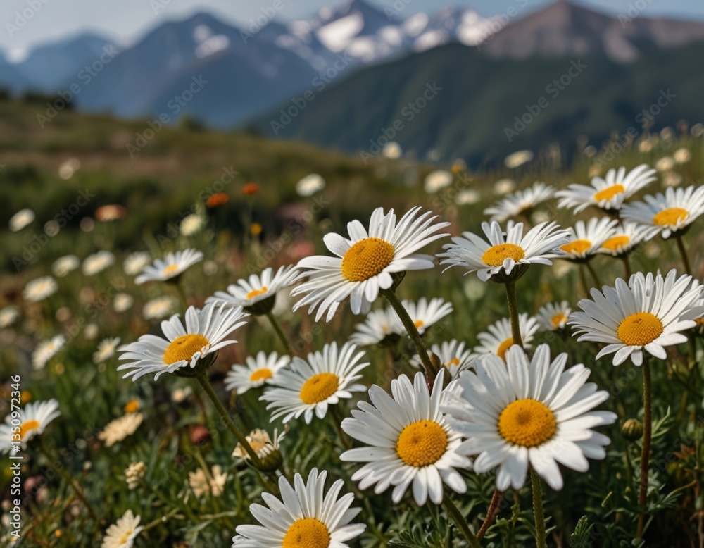 Fototapeta premium a bouquet of daisies against the backdrop of mountains