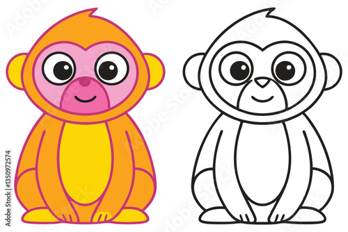 Adorable Cartoon Monkey Illustration Color and Line Art Version for Kids