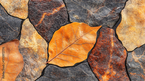 A leaf resting on a rock exemplifying mimetic shapes and intricate patterns resembling nature's artistry and natural textures.