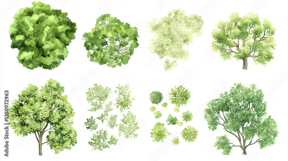 Fototapeta premium Set of watercolor green tree isolated on white background for landscape and architecture drawing, elements for environment and garden, botanical for section in spring 