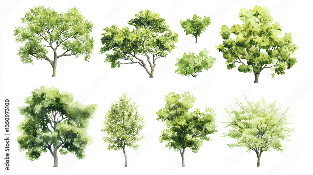 Fototapeta premium Set of watercolor green tree isolated on white background for landscape and architecture drawing, elements for environment and garden, botanical for section in spring