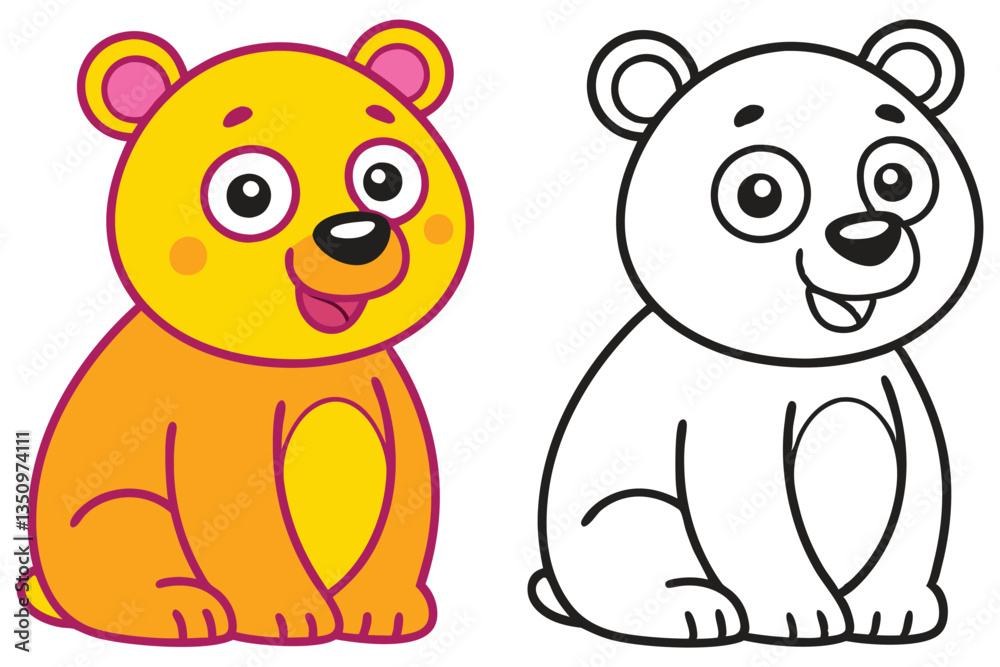 Fototapeta premium Adorable Cartoon Bear Cub Coloring Page Illustration for Kids Featuring a Cute Orange Bear and a Black and White Outline Version