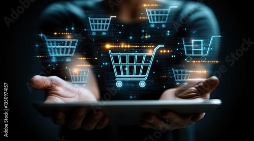 Hands holding a tablet with digital shopping cart icons
