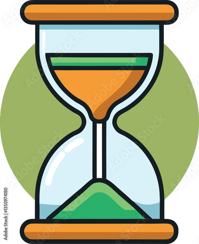 Illustration of hourglass with orange and green sand, A colorful hourglass with orange sand flowing down to the green sand at the bottom, symbolizing the passage of time.
