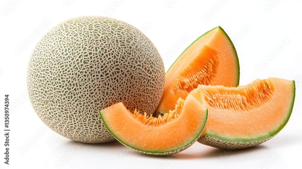 Fresh Cantaloupe Slices on White Background