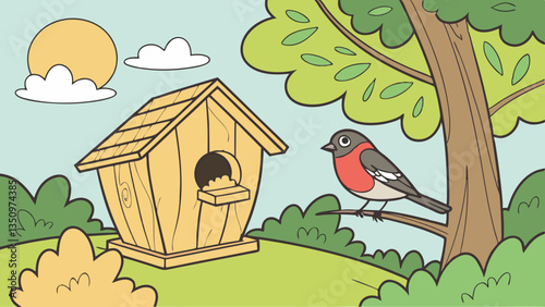 Wooden birdhouse with bullfinch in sunny background.
