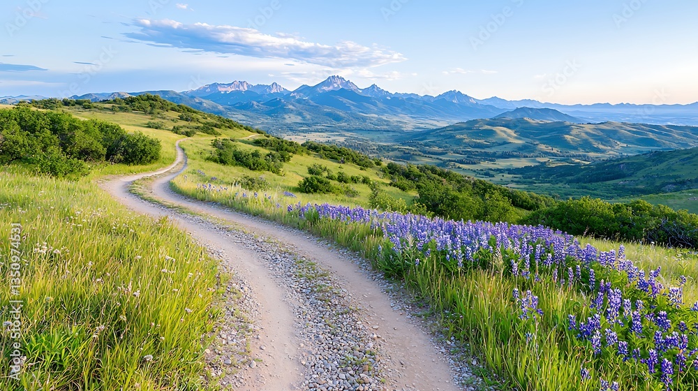 Spring flora adventure scenic mountain path with wildflowers in nature's embrace