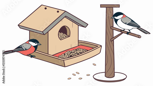 Bird feeder with titmice isolated on white background. Wintering birds eat from a birdfeeder. Winter birdhouse with snowbirds and seeds. Wooden bird table on pole and two bullfinch vector illustration