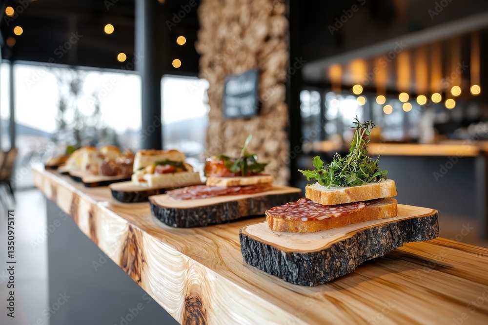 Naklejka premium Gourmet charcuterie board display restaurant interior food photography hardwood table eye-level view natural light enhancing colors