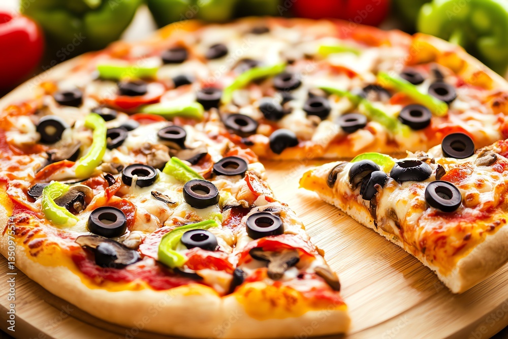 Delicious Pizza with Olives and Peppers Ready to Be Served Delicious Pizza with Olives and Peppers Ready to Be Served