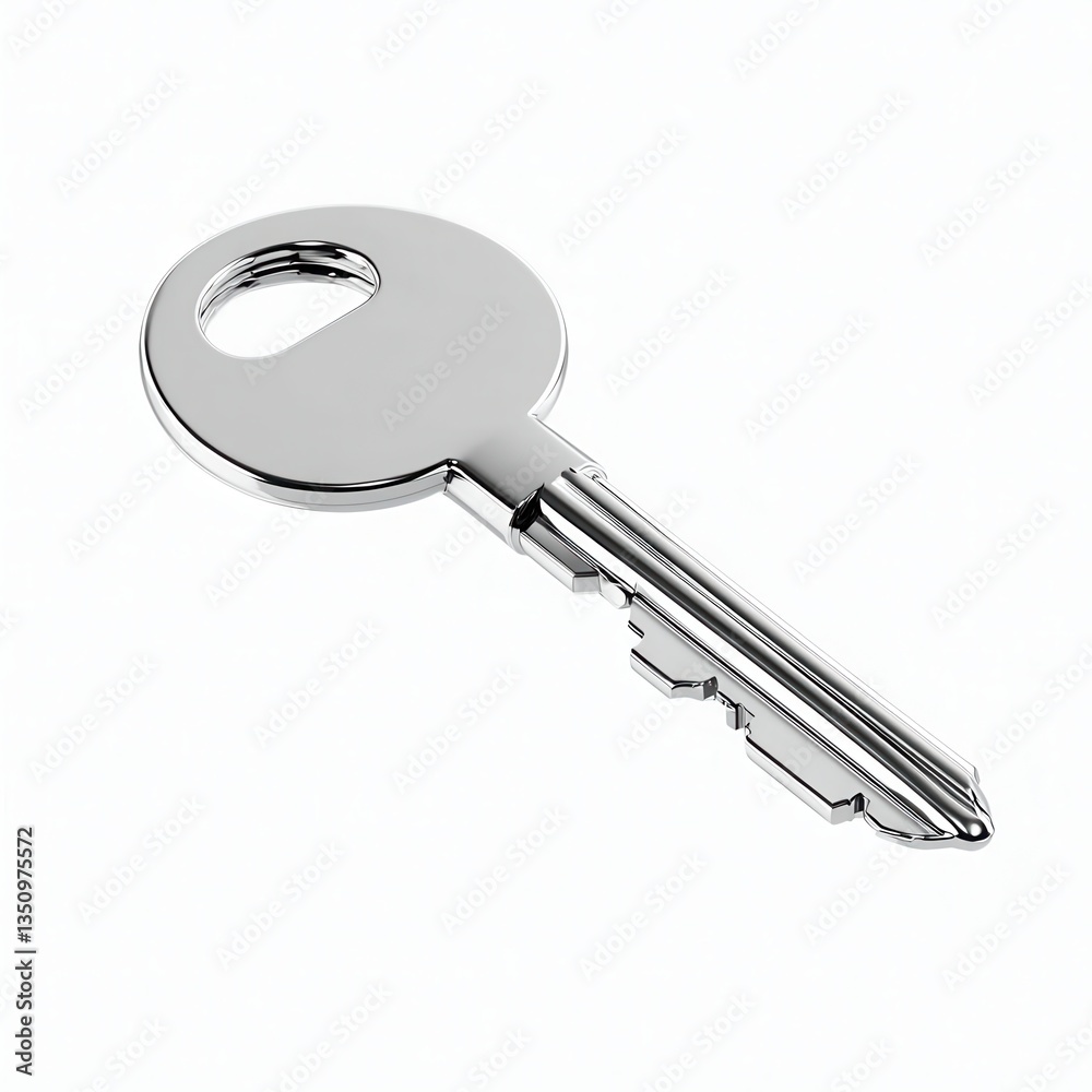 Shiny Metal Key on Clean White Background Showing Reflection and Detail in Design Shiny Metal Key on Clean White Background Showing Reflection and Detail in Design
