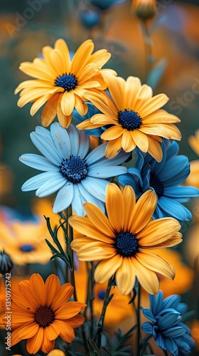 Yellow and Blue Daisies in Contrast